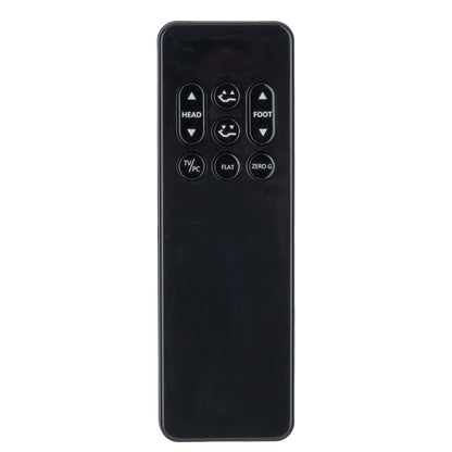 Black remote control with labeled buttons on a white background