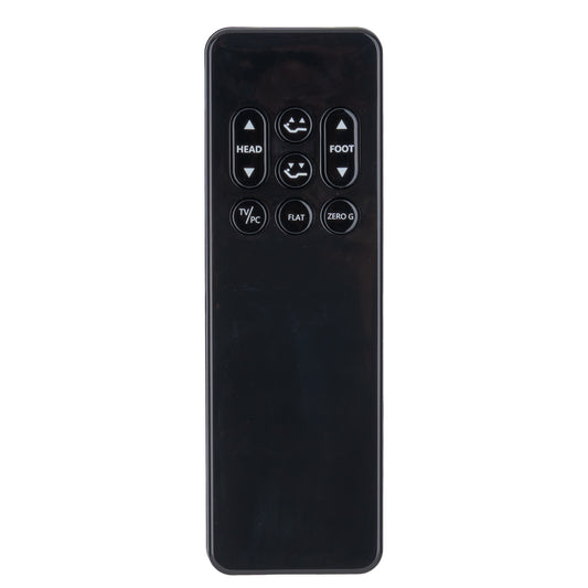 Black remote control with labeled buttons on a white background