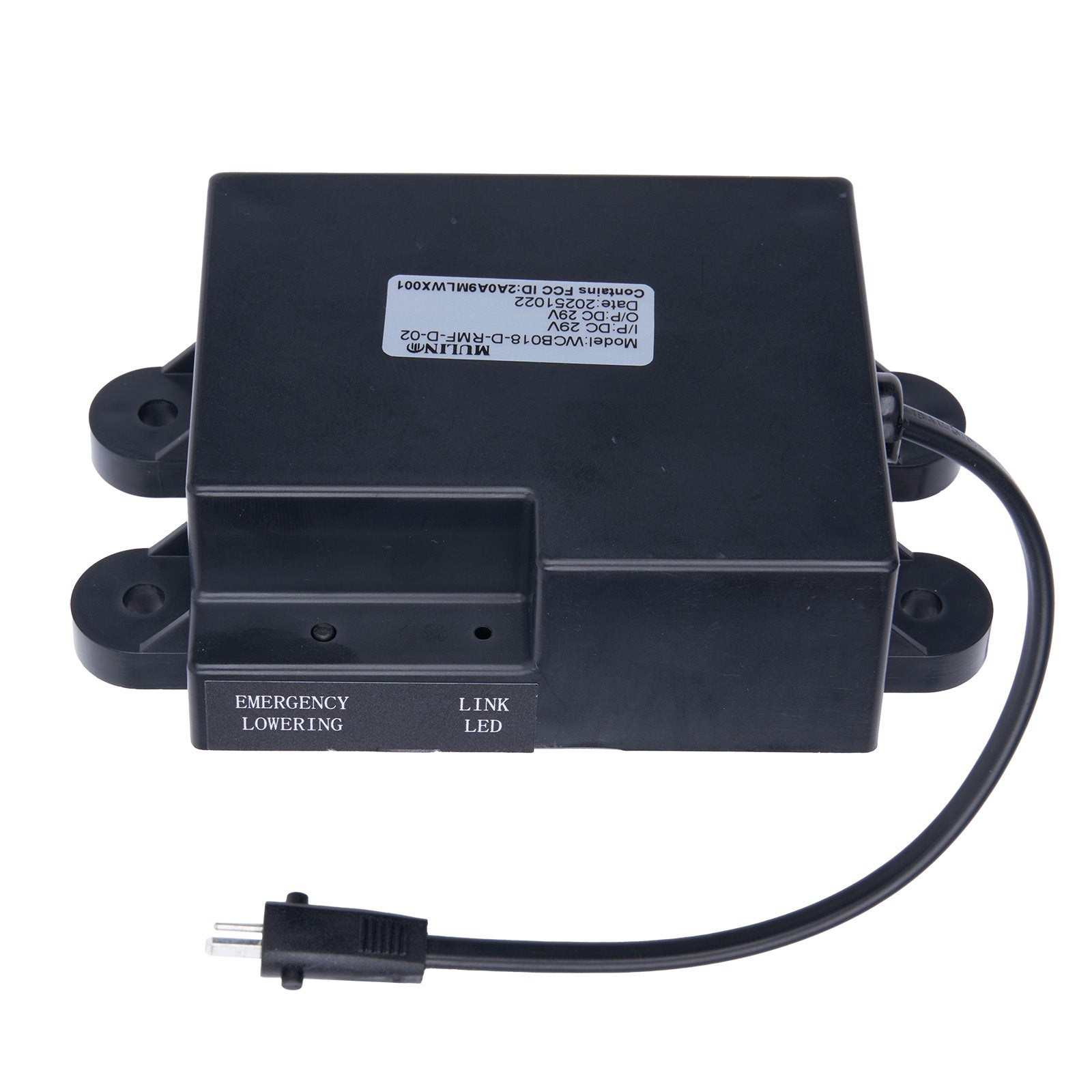 Black electronic component with label on a white background