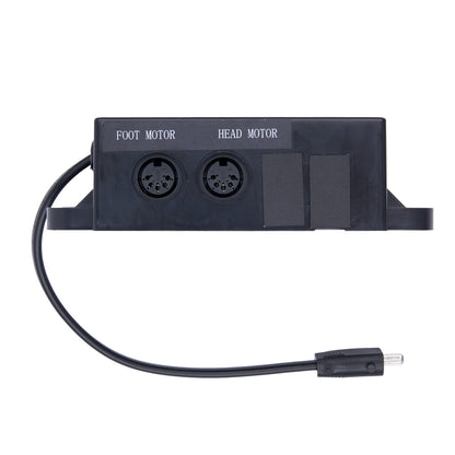 Black electronic component with two connectors labeled 'Foot Motor' and 'Head Motor' on a white background.