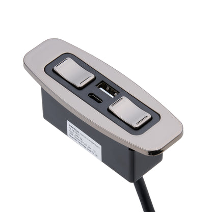 Power strip with two outlets and two USB ports on a white background