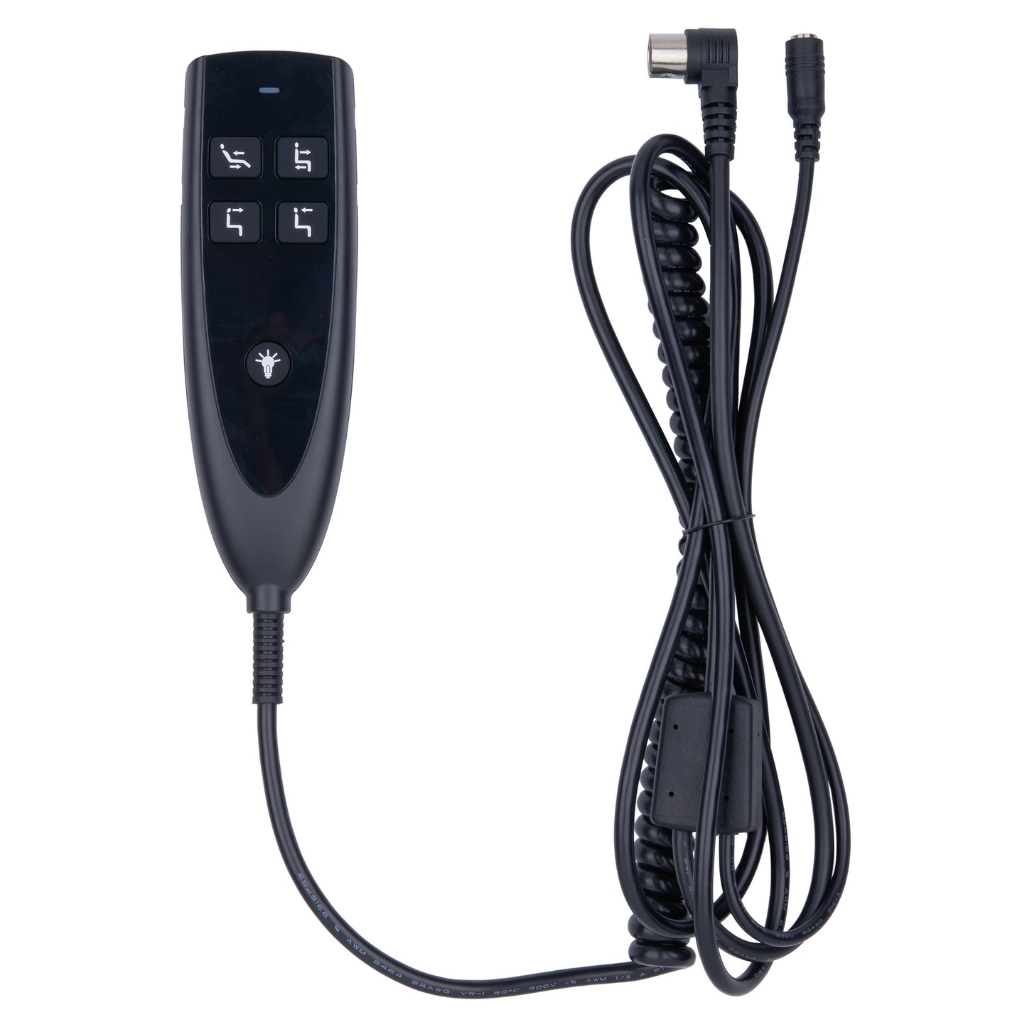 Black electric wheelchair remote control with four buttons and a coiled cable, shown on a plain white background.
