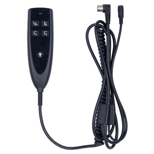 Black electric wheelchair remote control with four buttons and a coiled cable, shown on a plain white background.