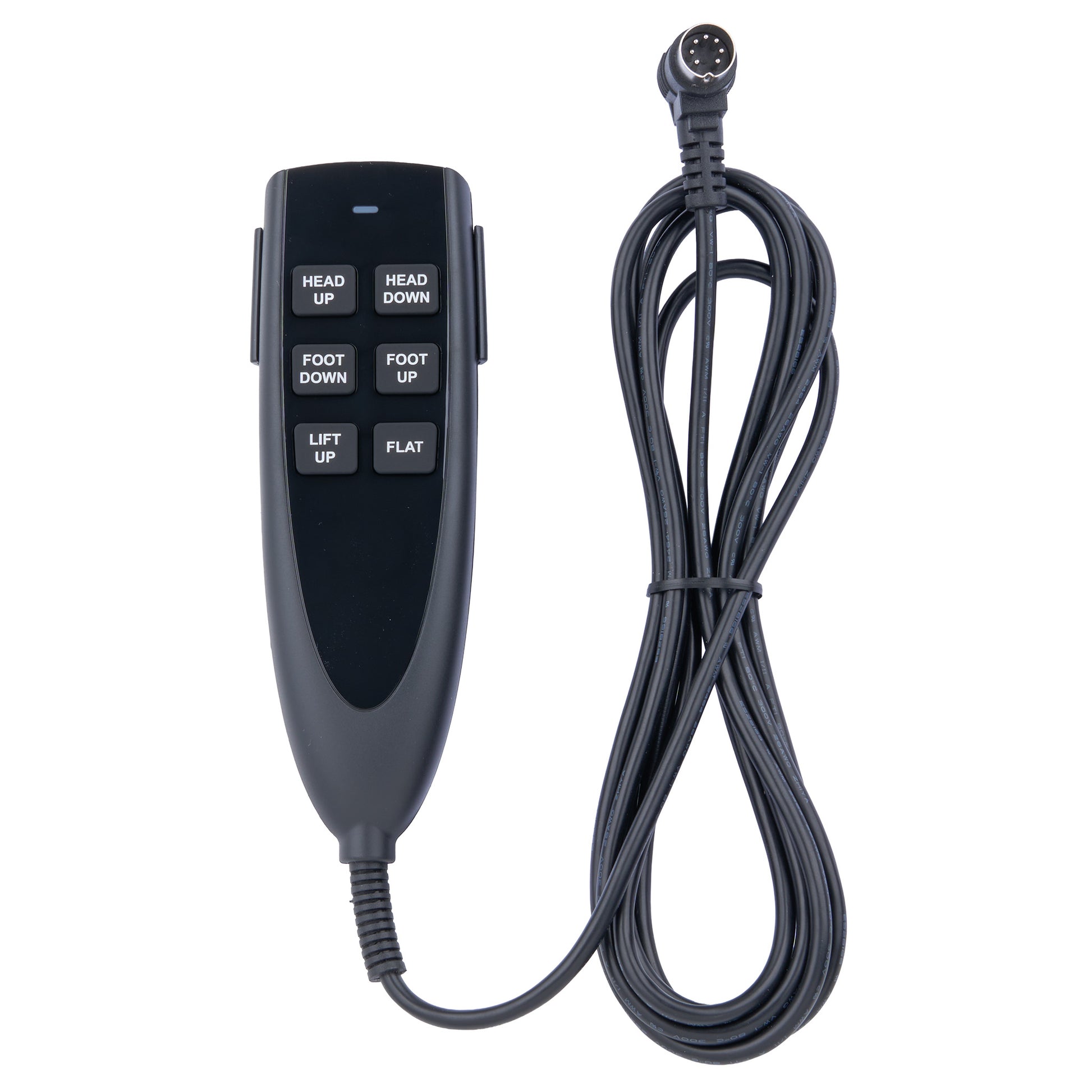 Black electronic control panel with cable on a white background