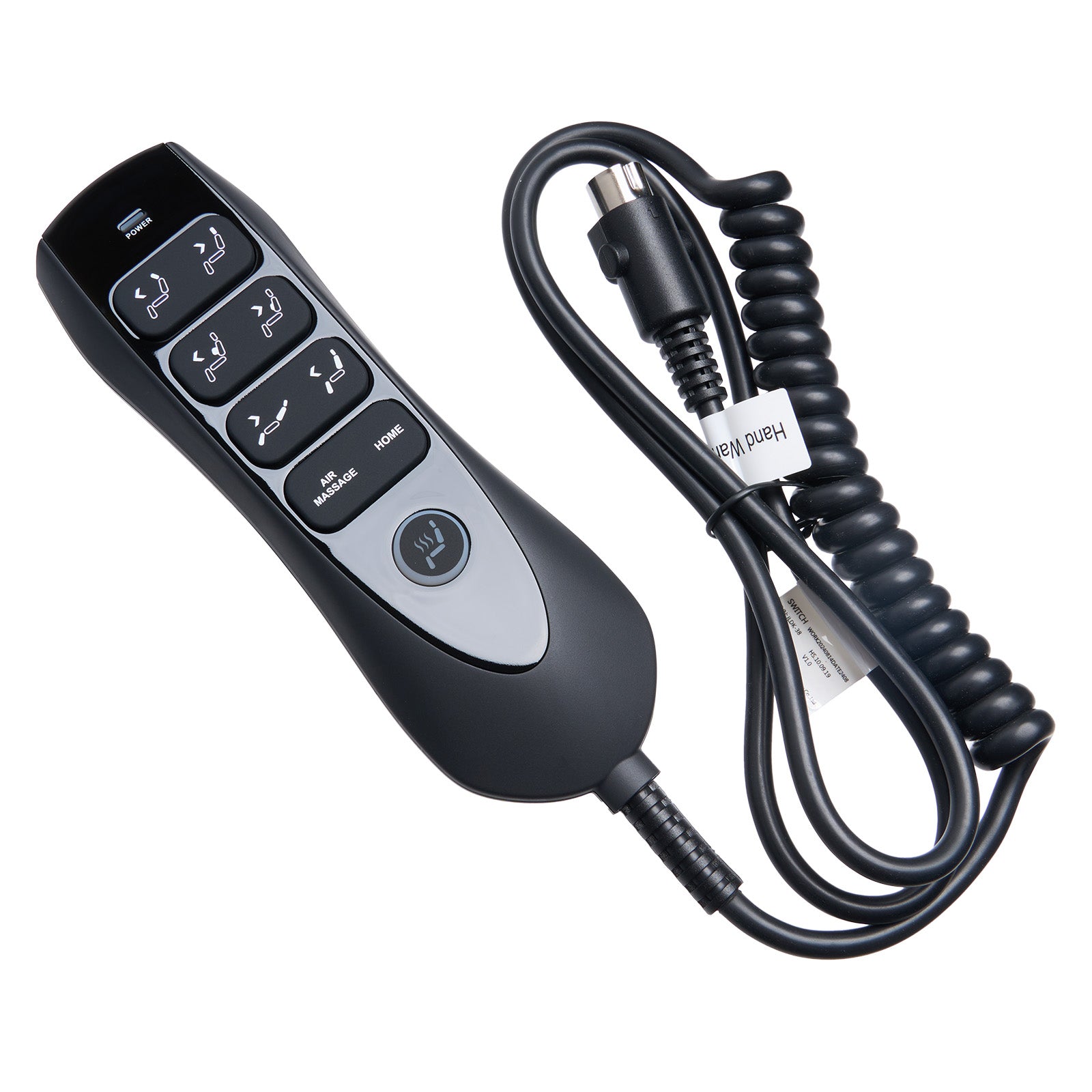 Black remote control with coiled cable on a white background