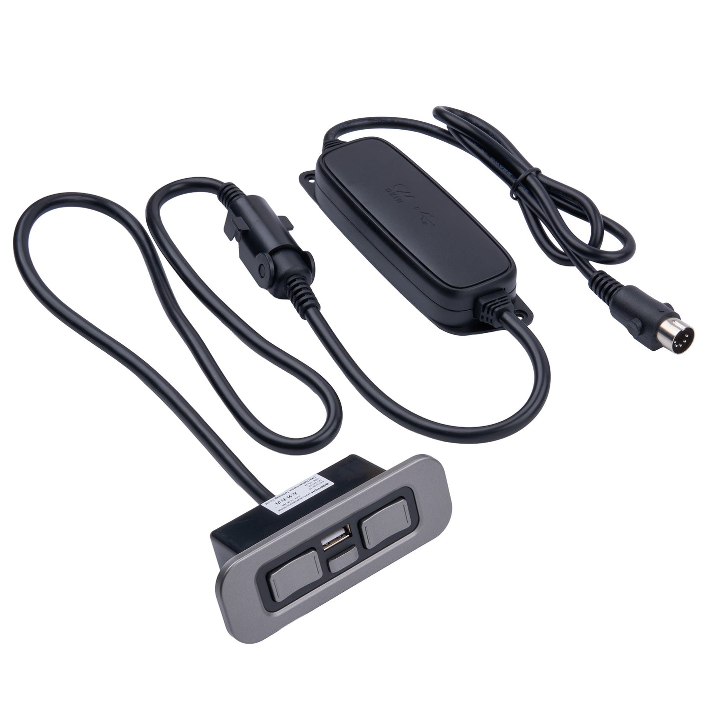 A black electronic adapter with a short cable, a rectangular inline module, and a smaller connector, shown on a plain white background.