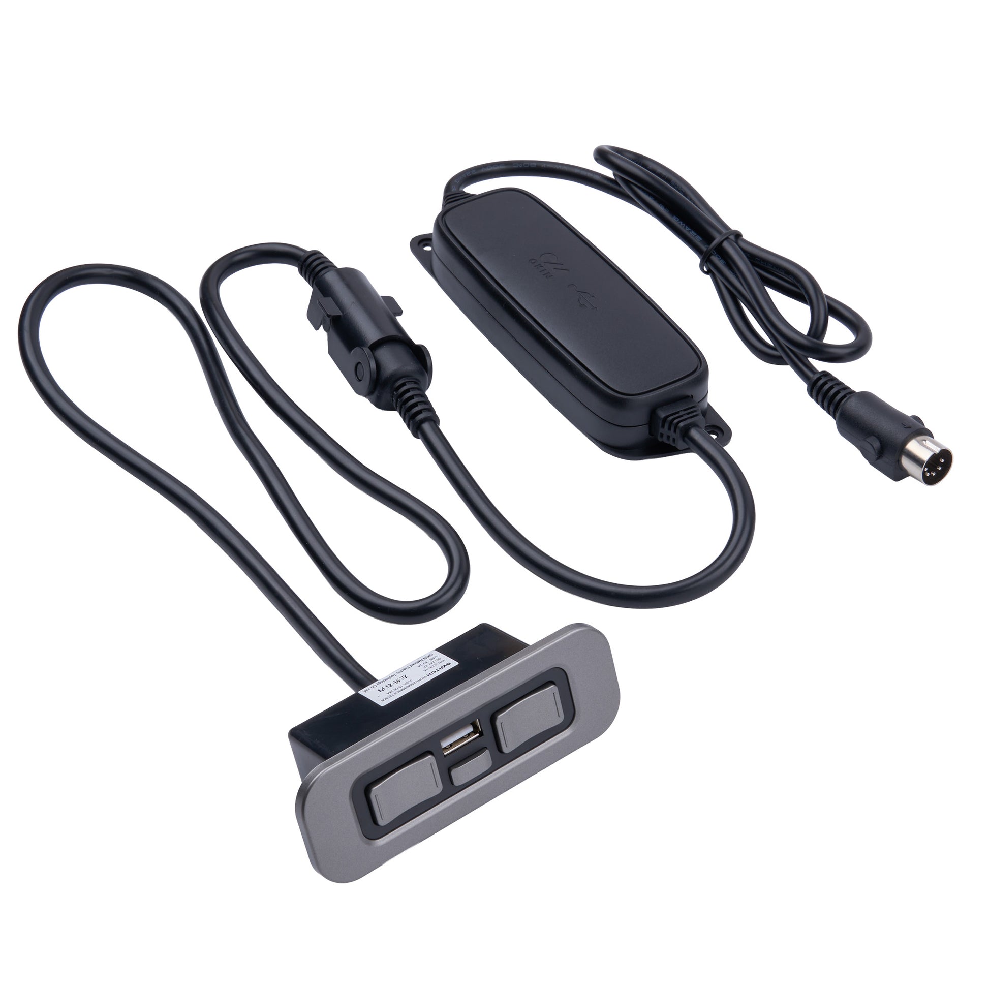 A black electronic adapter with a short cable, a rectangular inline module, and a smaller connector, shown on a plain white background.