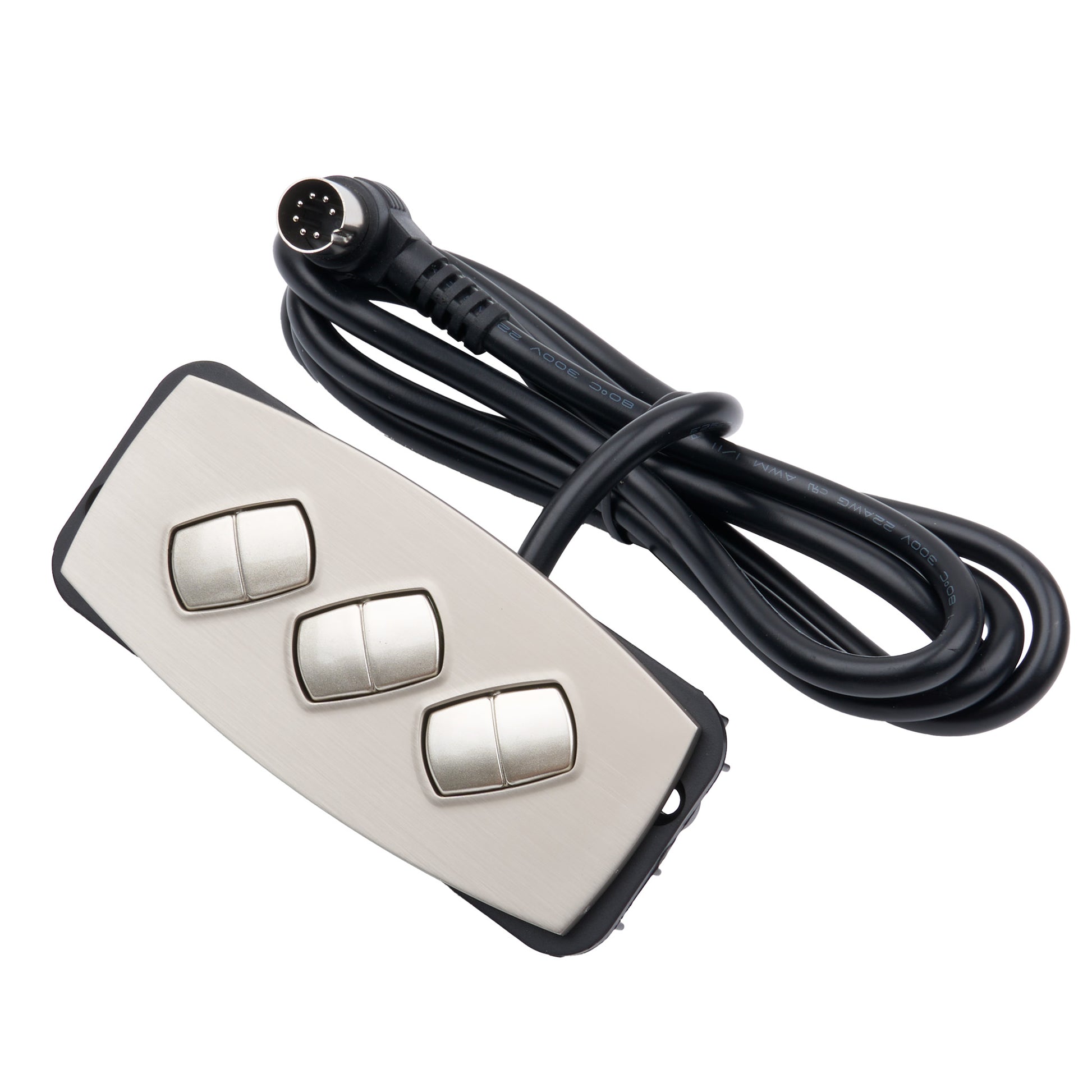 Control panel with three silver buttons and a black cable on a white background