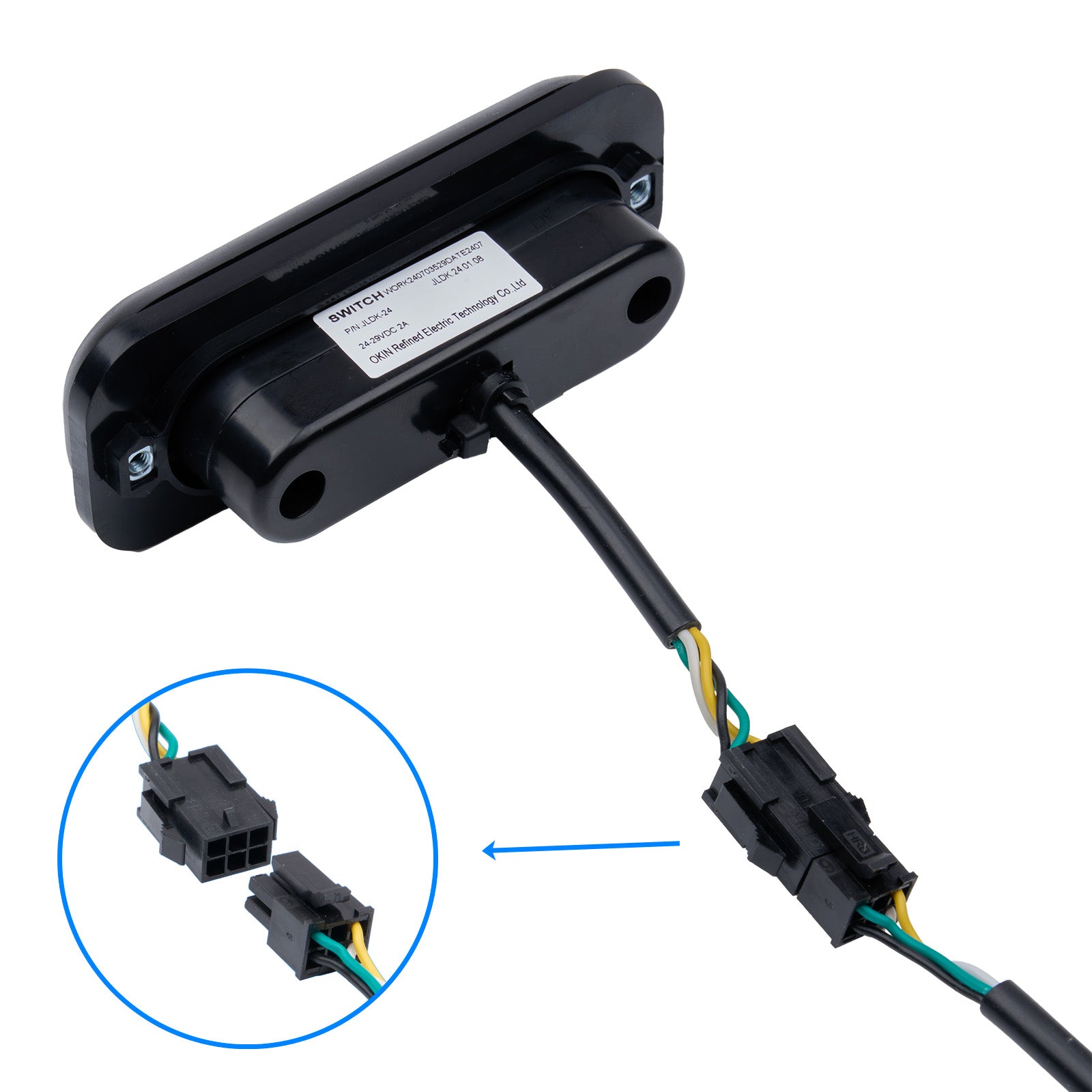 Black electronic device with wiring and connectors on a white background