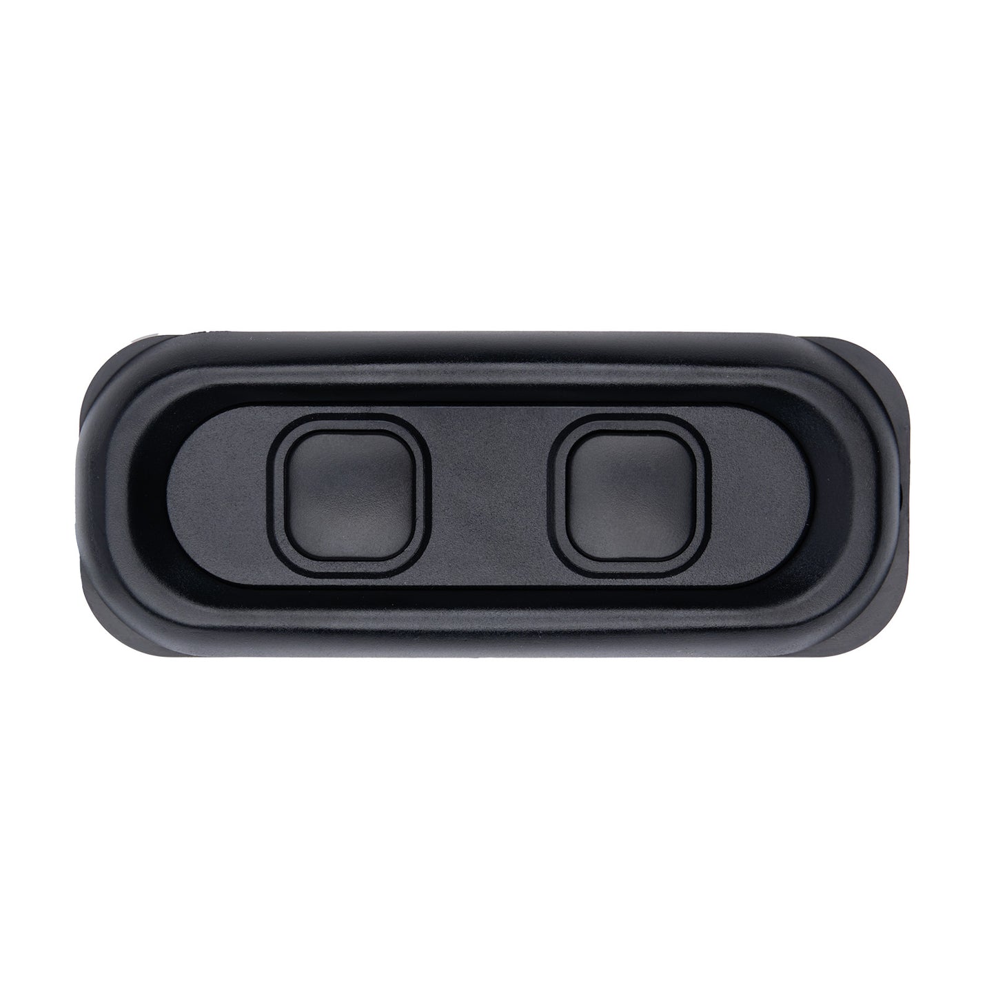 Black rectangular object with two circular cutouts on a white background