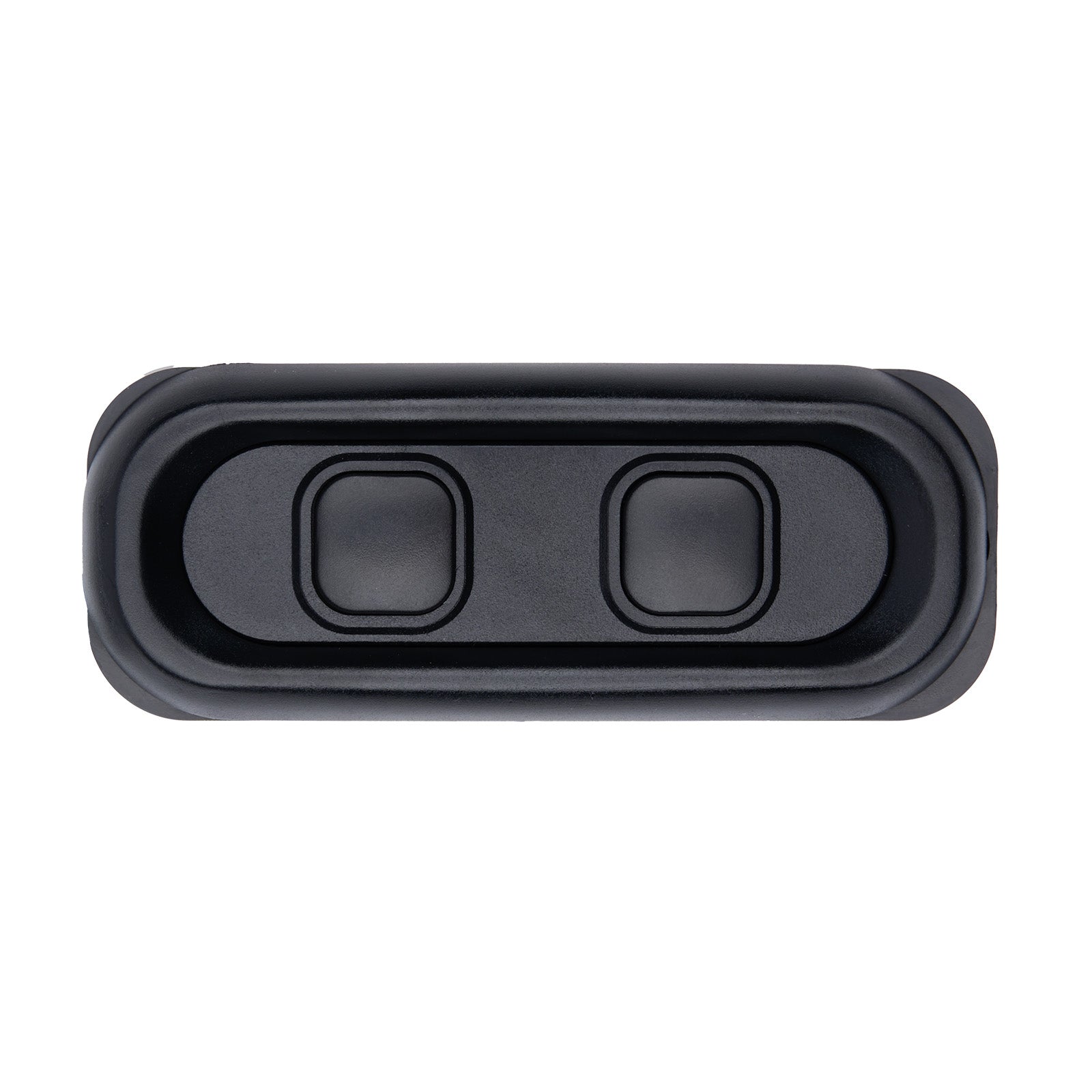 Black rectangular object with two circular cutouts on a white background
