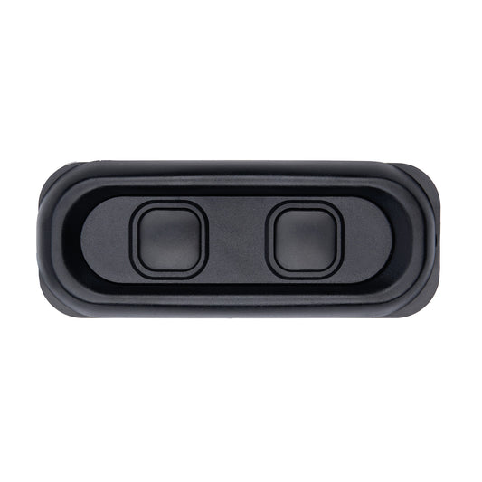Black rectangular object with two circular cutouts on a white background