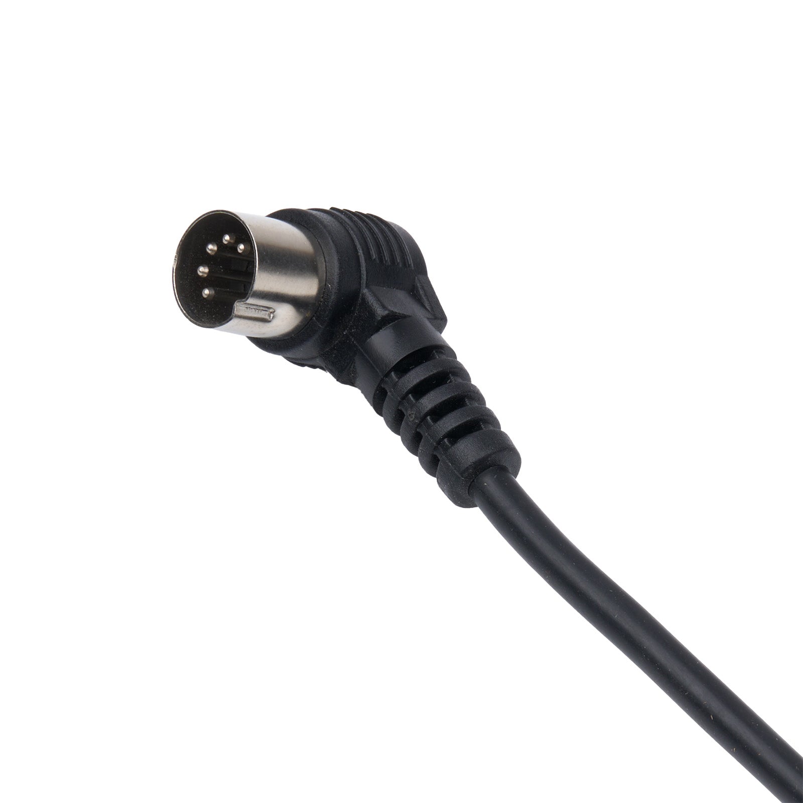 Black cable with a metal connector on a white background
