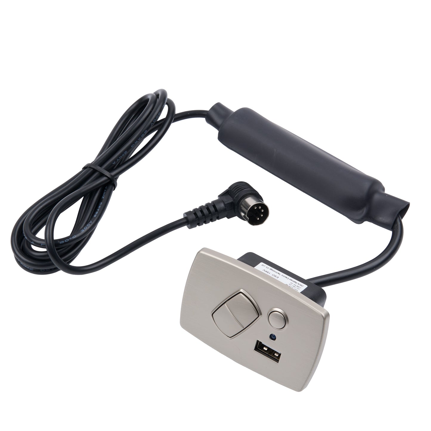 A silver and black electronic control module with a coiled black cable and connector, shown on a plain white background.