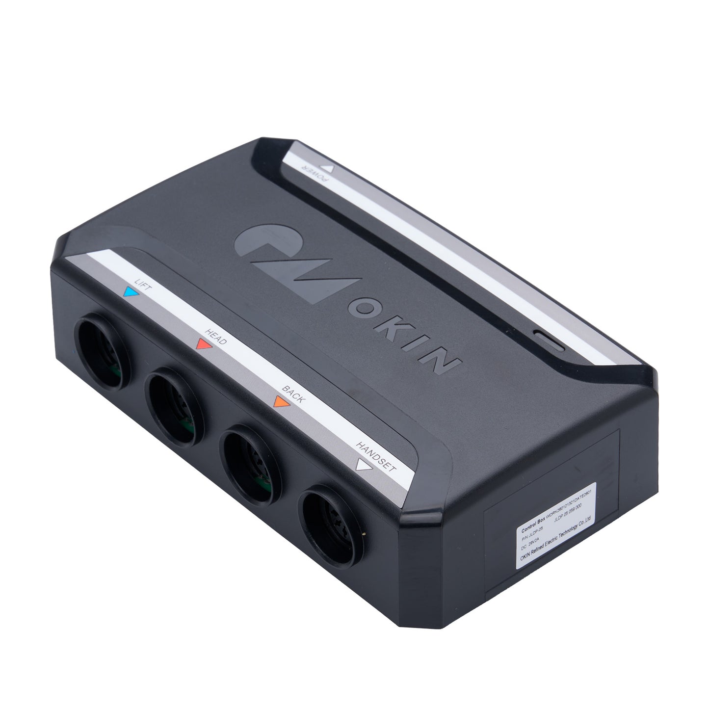 Black electronic device with OKIN branding on a white background