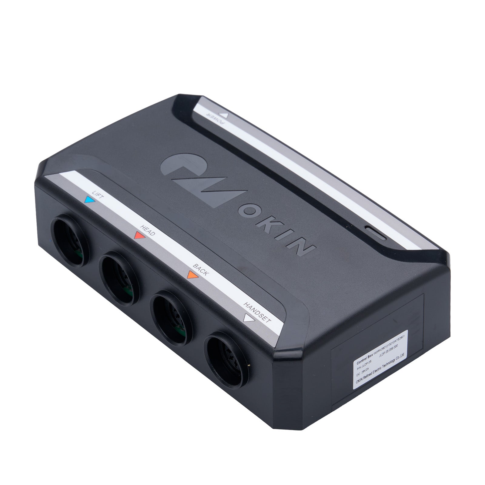 Black electronic device with OKIN branding on a white background