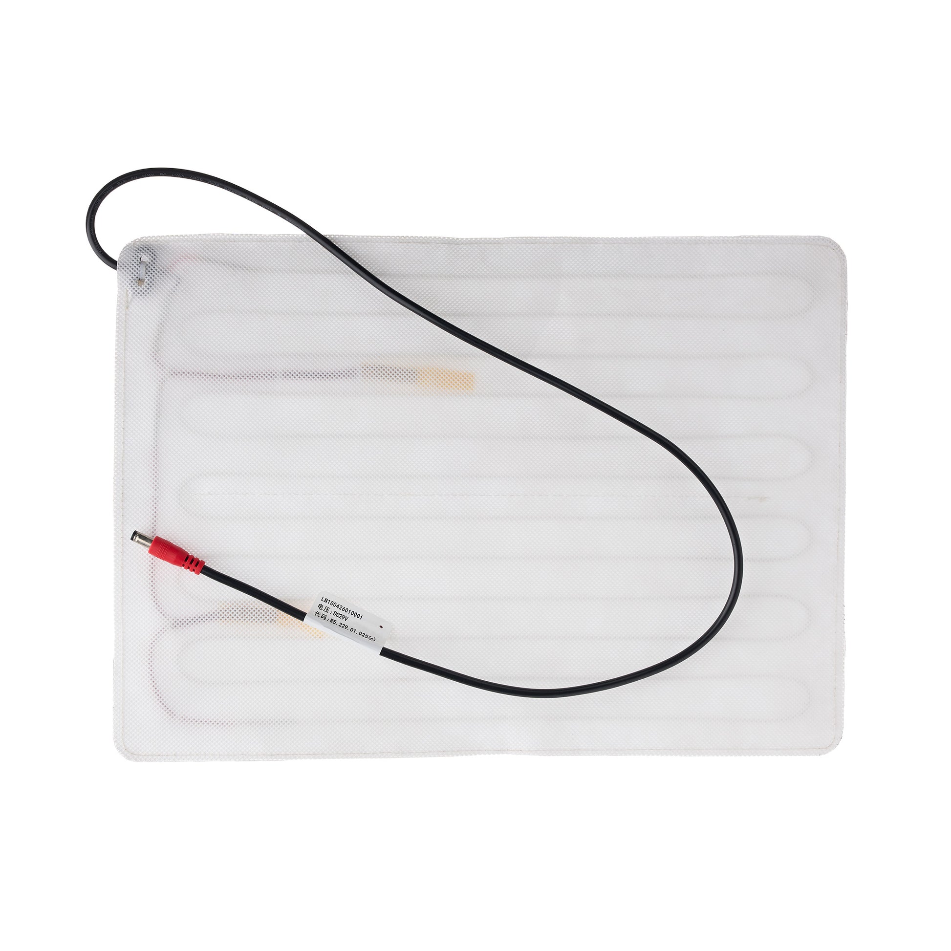 A rectangular white heated pad or heating mat with integrated serpentine tubes and attached black cables, shown on a plain white background.