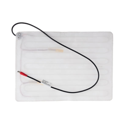 A rectangular white heated pad or heating mat with integrated serpentine tubes and attached black cables, shown on a plain white background.