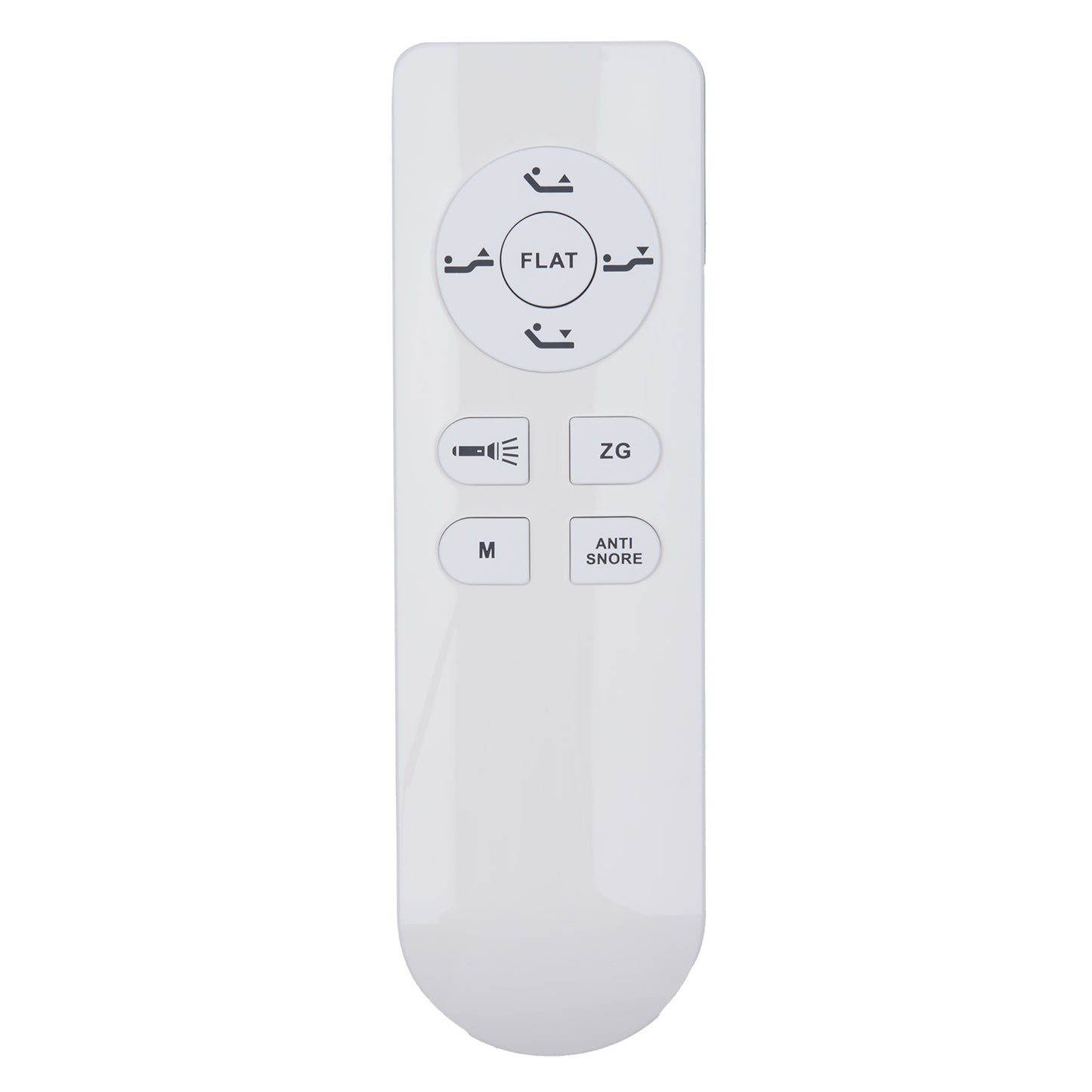 White remote control with labeled buttons on a white background