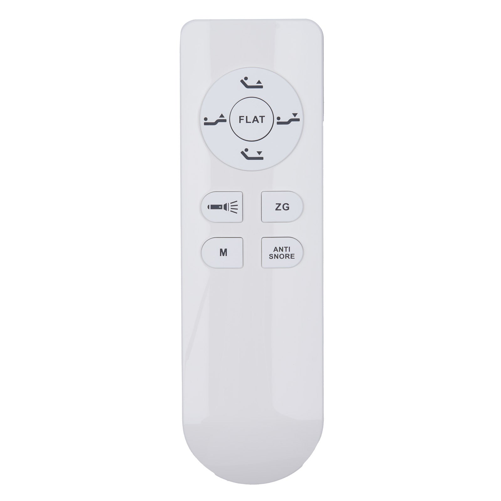 White remote control with labeled buttons on a white background