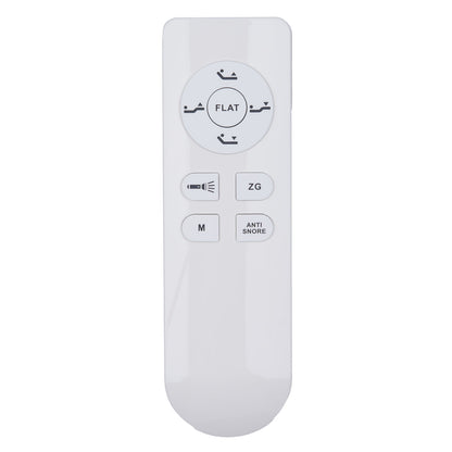 White remote control with labeled buttons on a white background