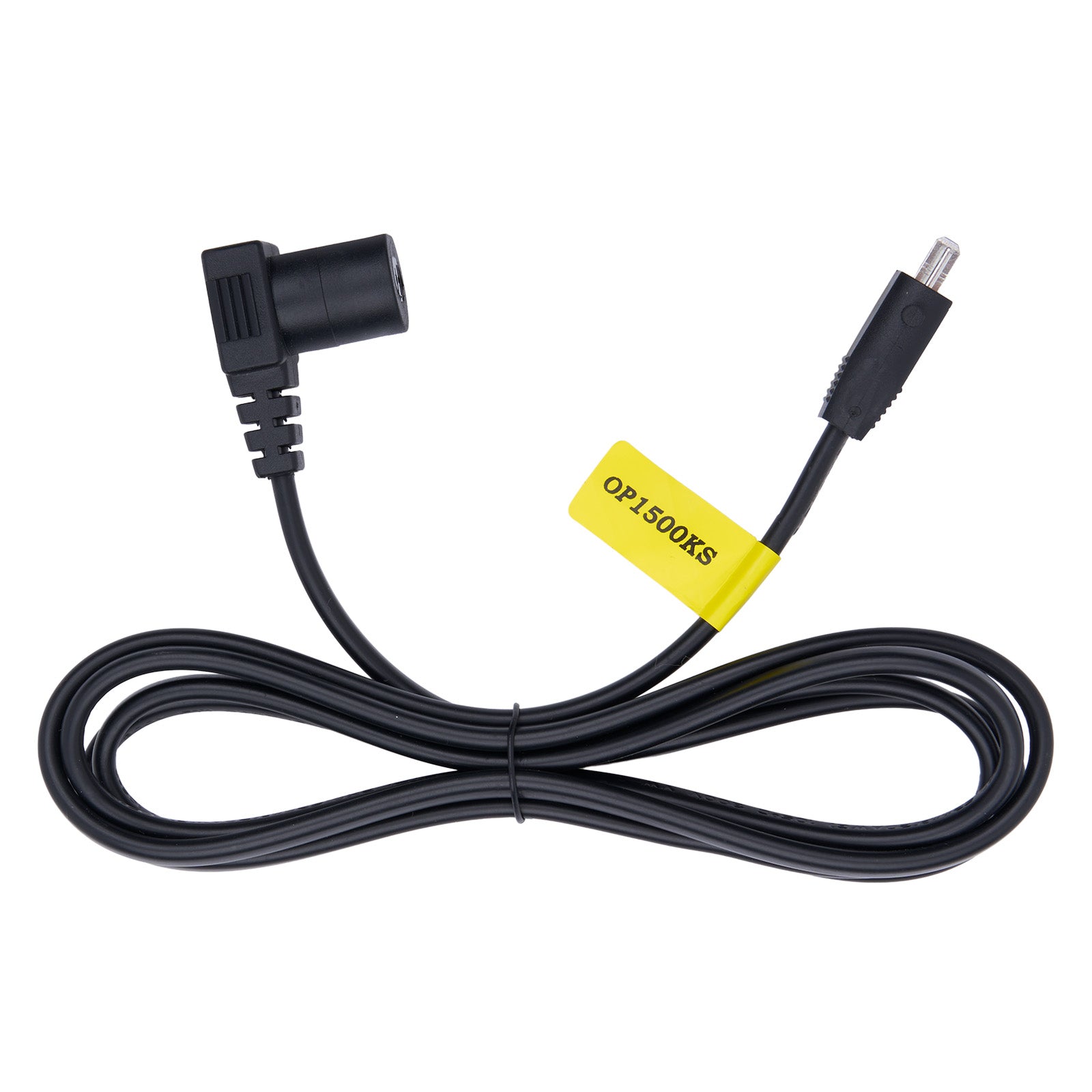 Black cable with connectors and a yellow label on a white background