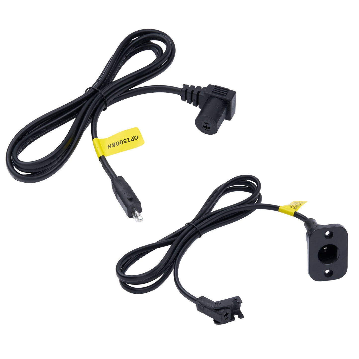 Two black power cables with connectors on a white background