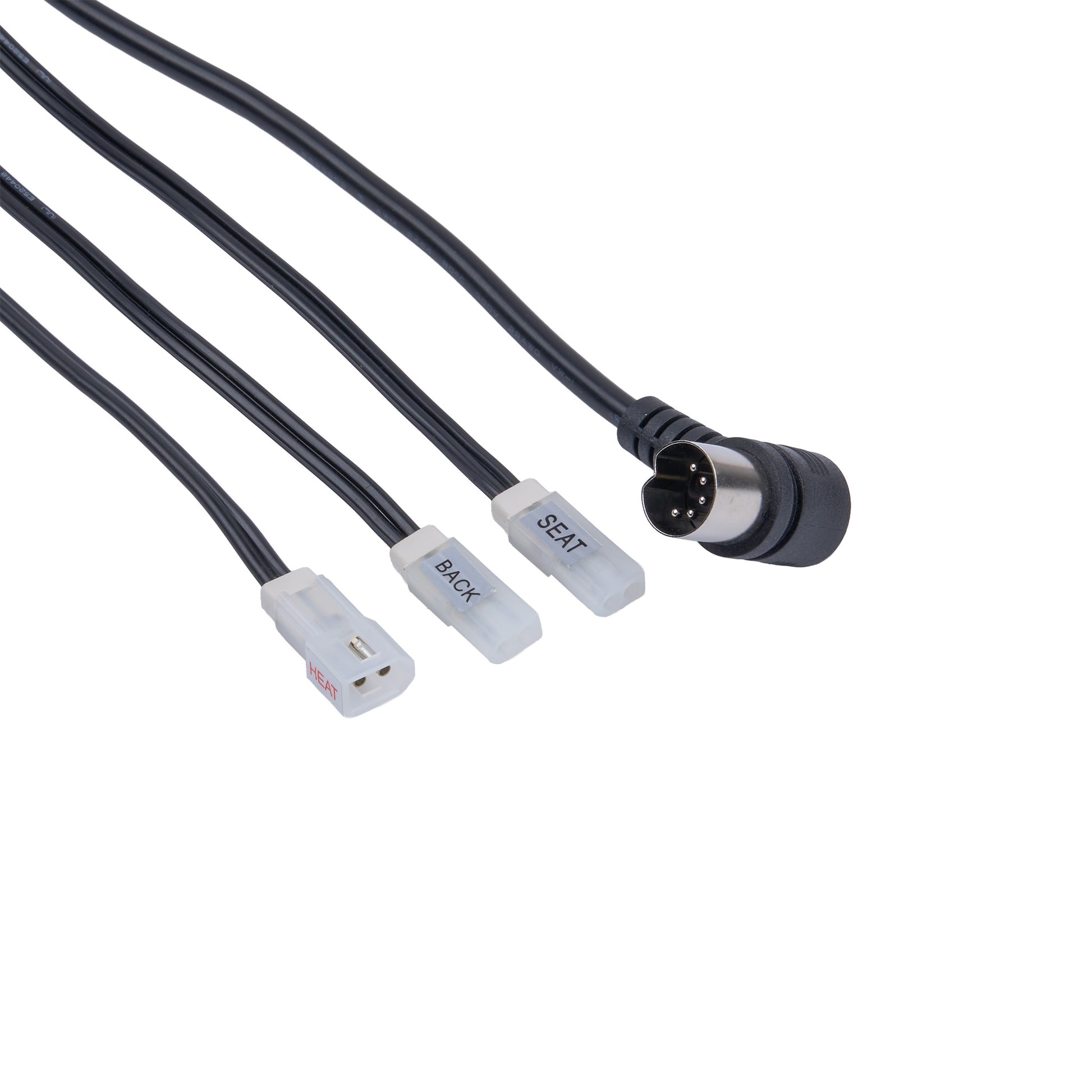 A black multi-pin cable with three white plastic connector housings labeled BACK, SEAT, and an additional connector labeled OPEN, shown on a plain white background.