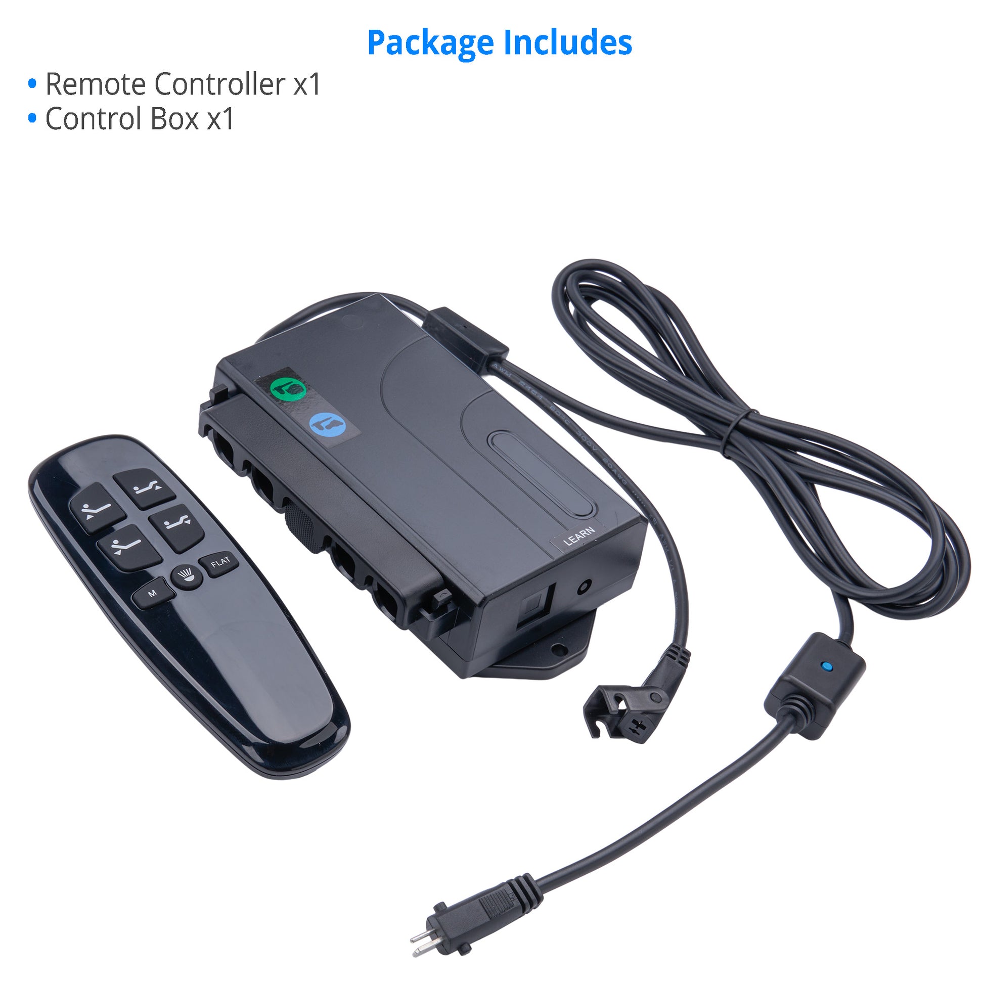 Control box with remote controller and cables on a white background