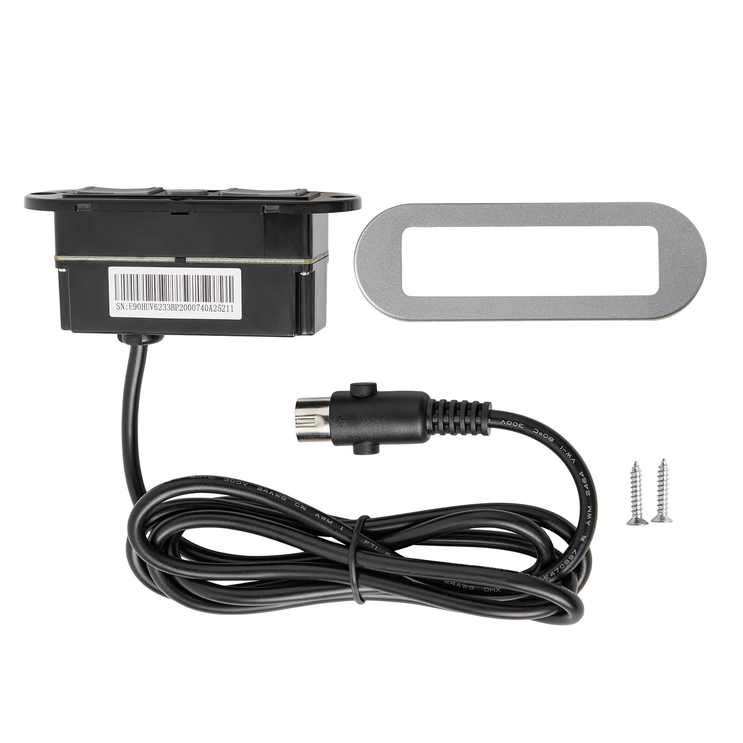 A black electrical adapter module with a coiled black power cord, a silver metal mounting plate, and two silver screws, shown on a plain white background.