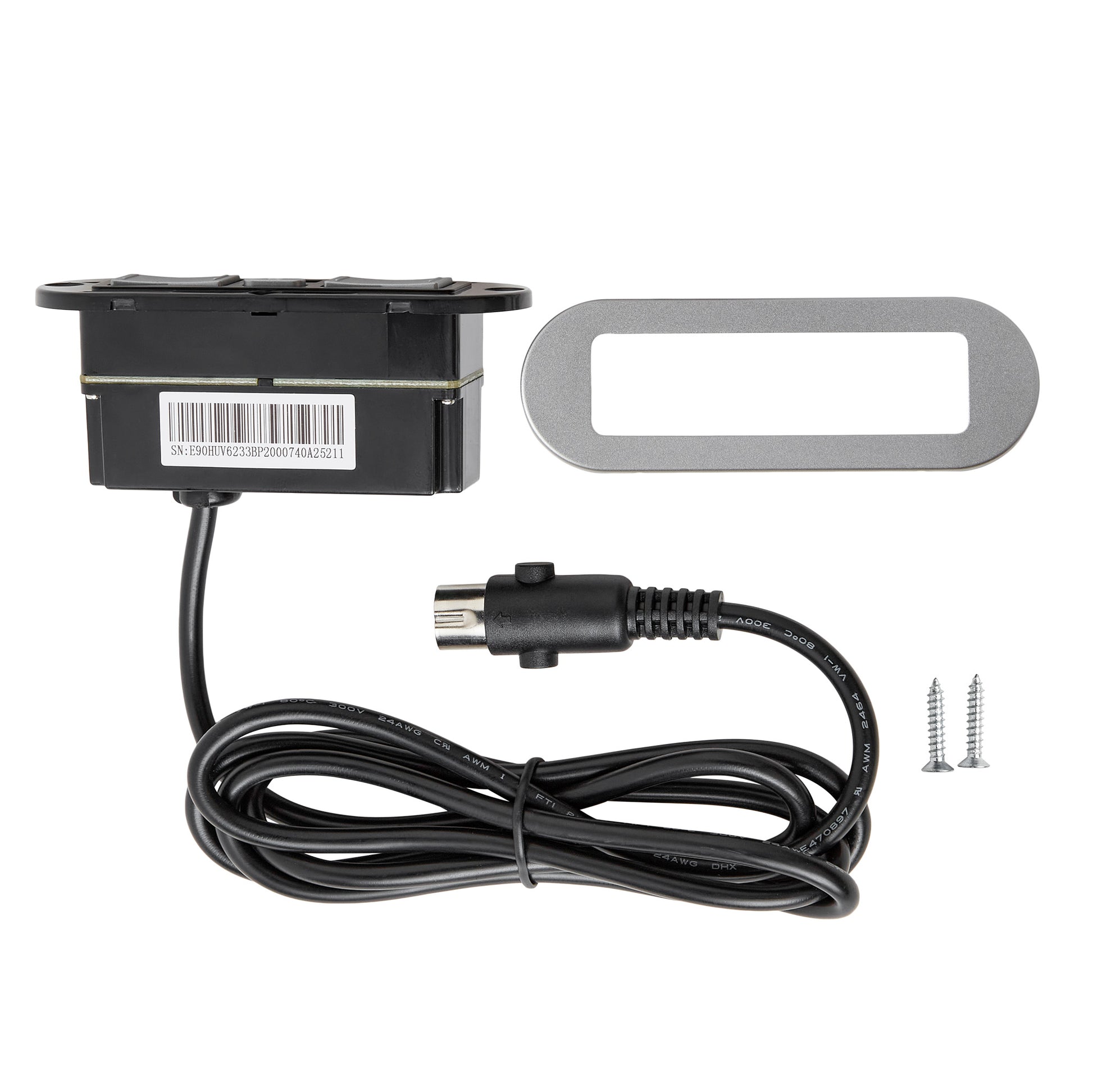 A black electrical adapter module with a coiled black power cord, a silver metal mounting plate, and two silver screws, shown on a plain white background.