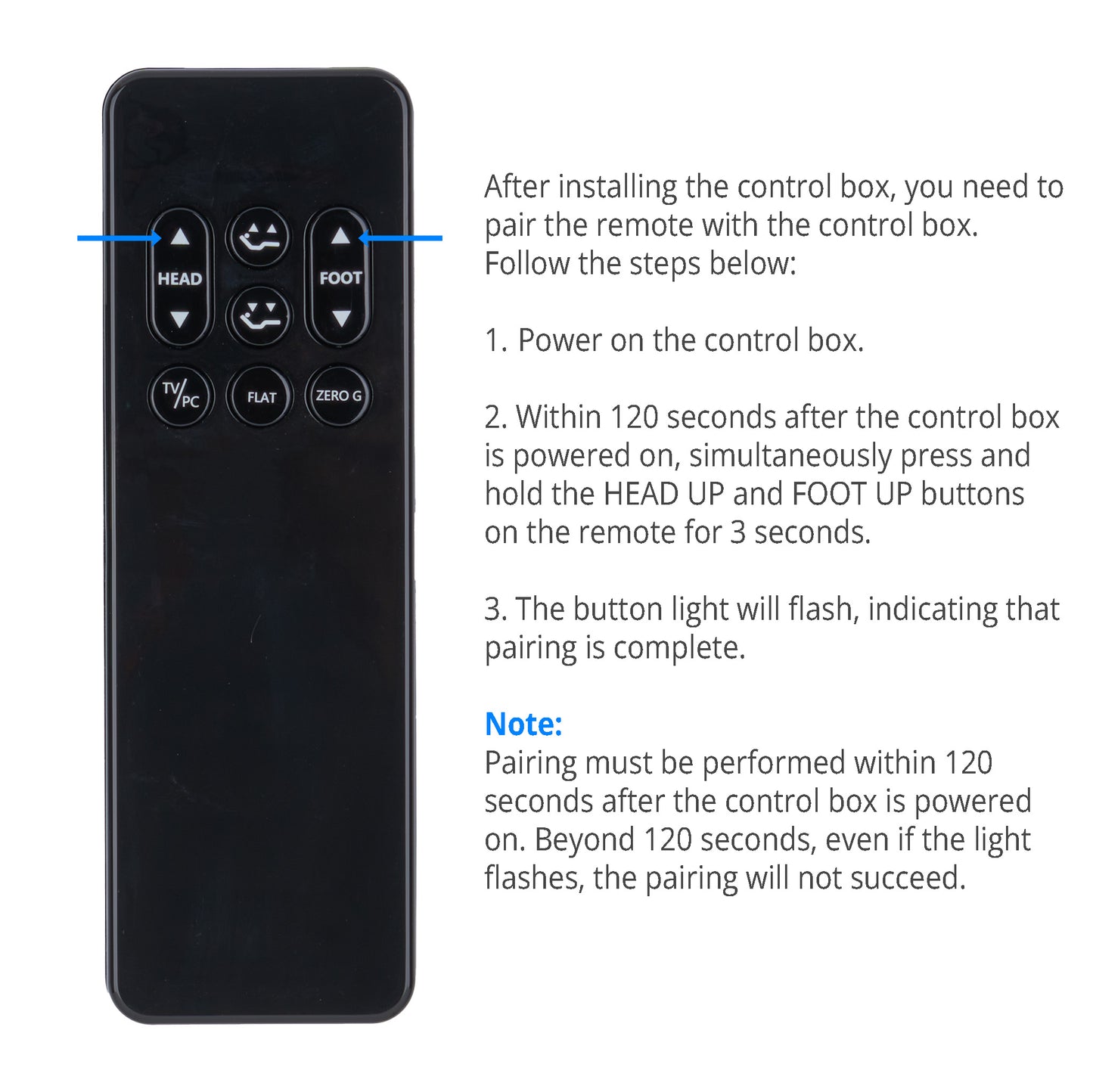 Black remote control with labeled buttons and pairing instructions on a white background