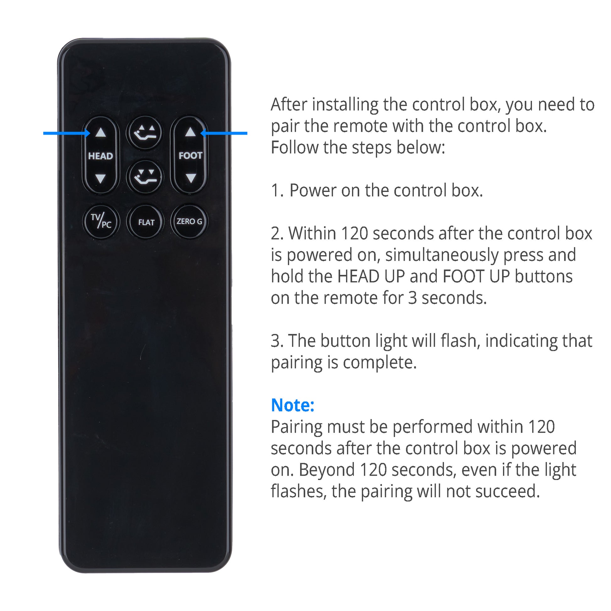 Black remote control with labeled buttons and pairing instructions on a white background