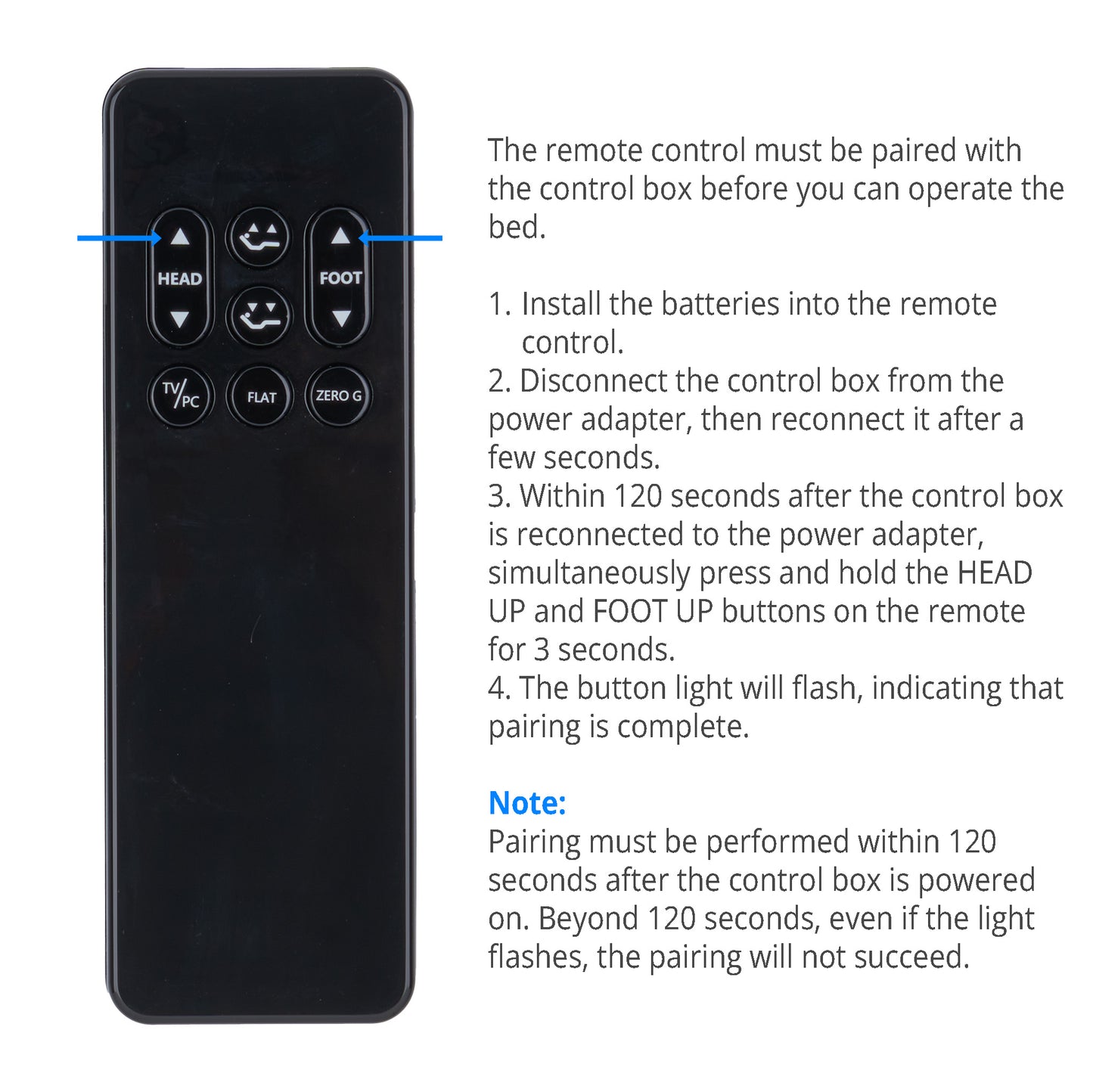 Black remote control with labeled buttons and pairing instructions on a white background