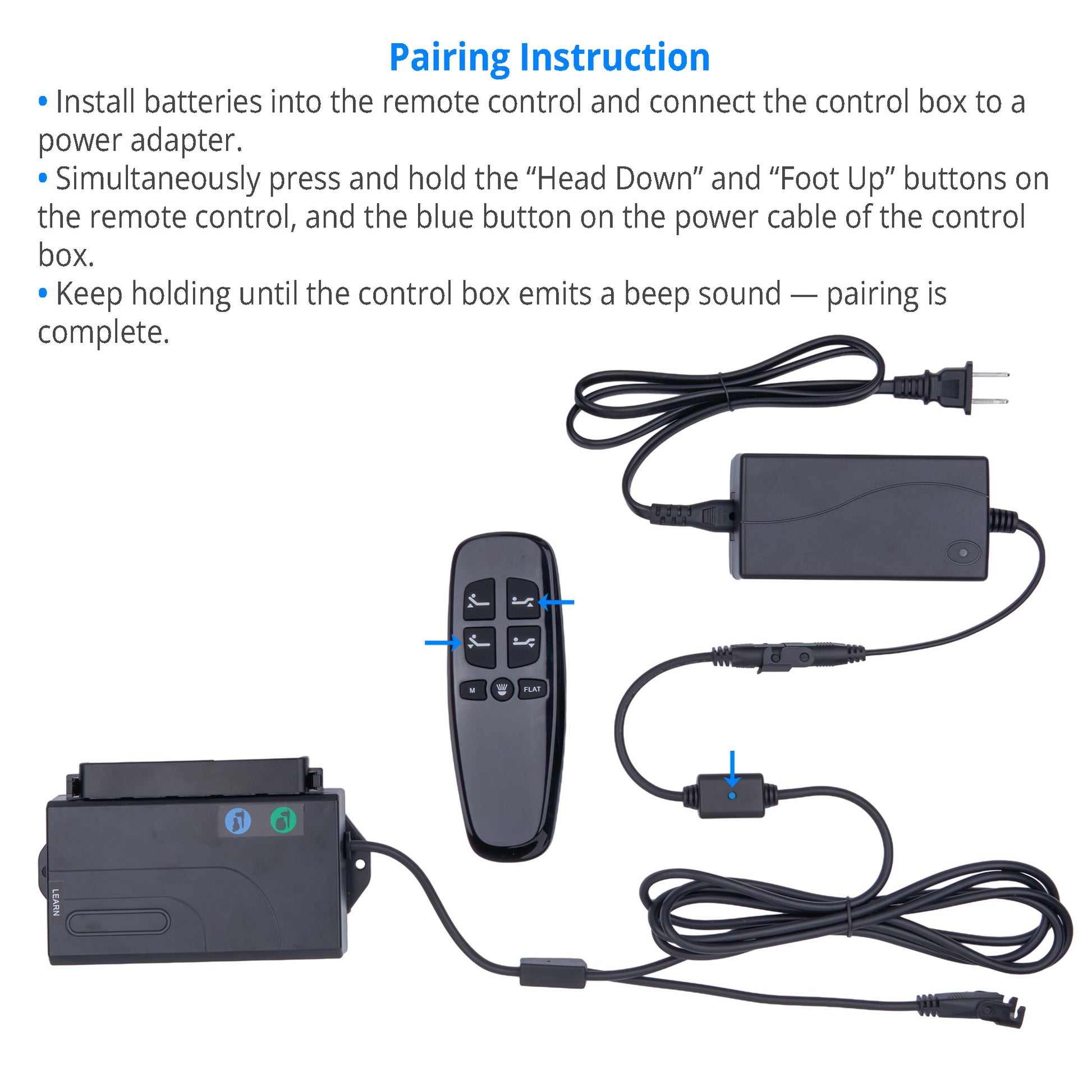 Pairing instructions for a remote control and power adapter with diagram on a white background.