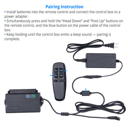 Pairing instructions for a remote control and power adapter with diagram on a white background.