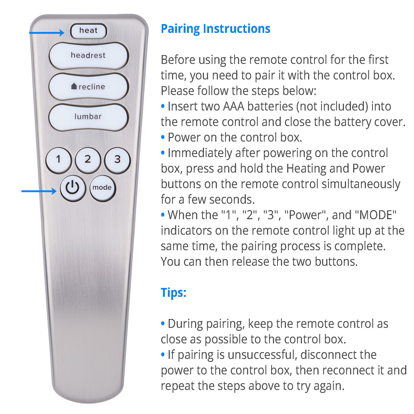 Silver remote control with pairing instructions on a white background