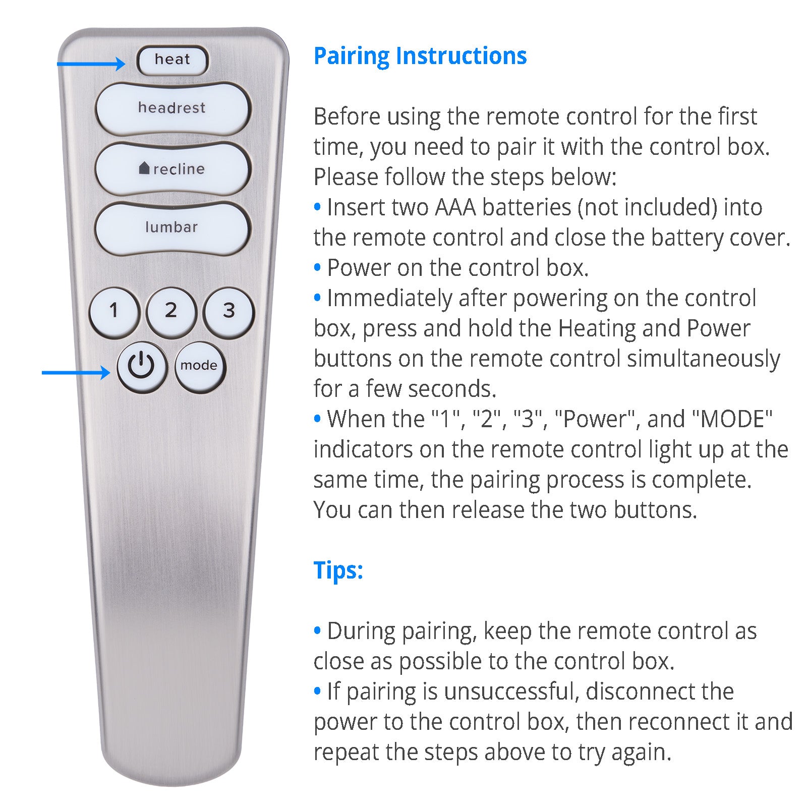 Silver remote control with pairing instructions on a white background