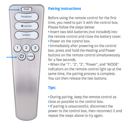 Silver remote control with pairing instructions on a white background