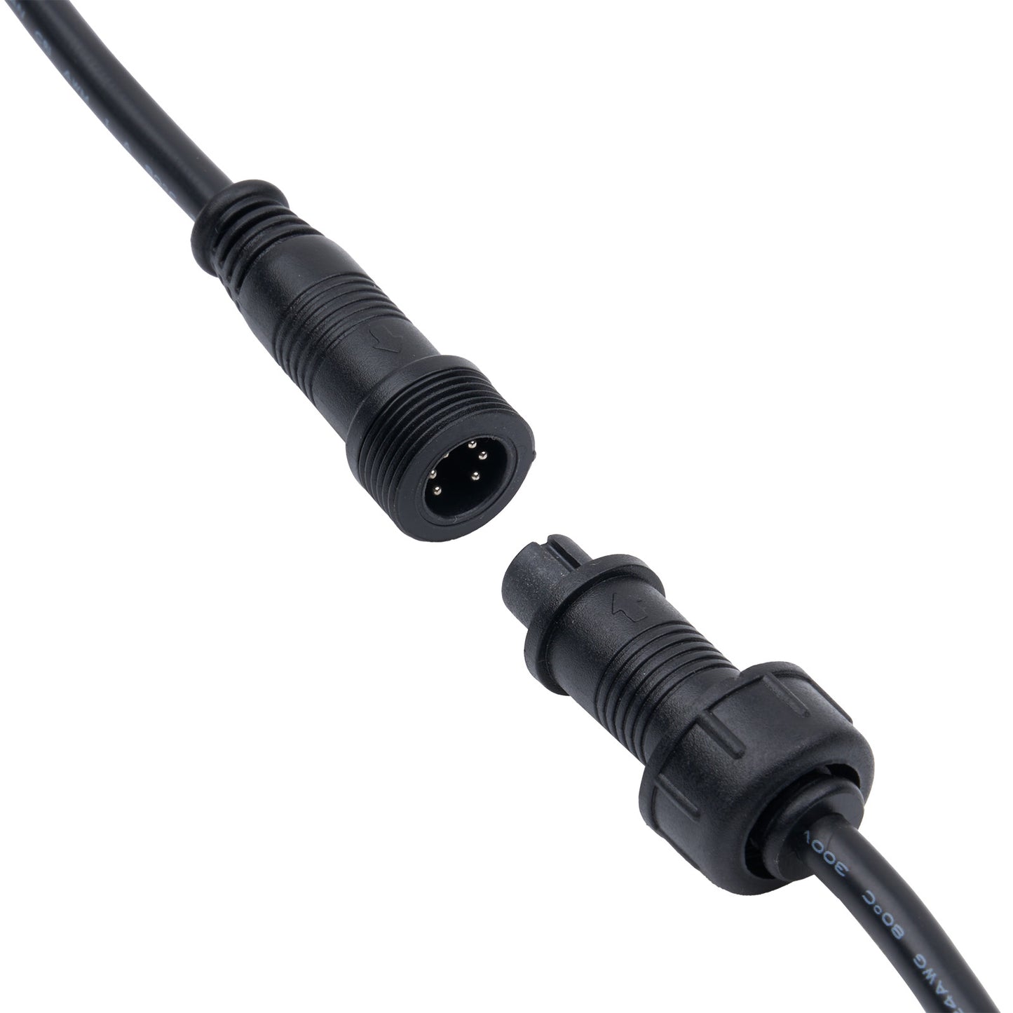 Two black connectors with cables on a white background