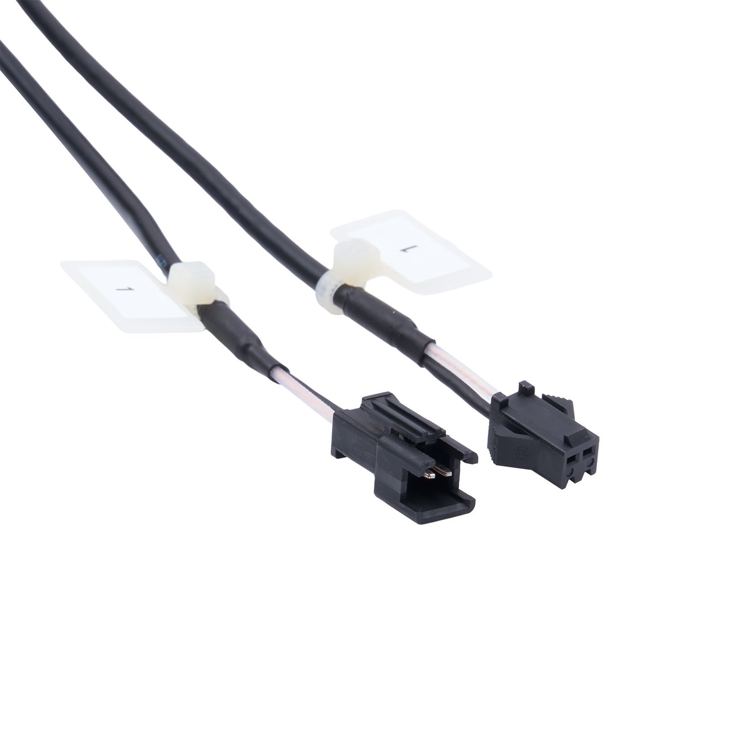 Two black connectors with white plastic parts on a white background