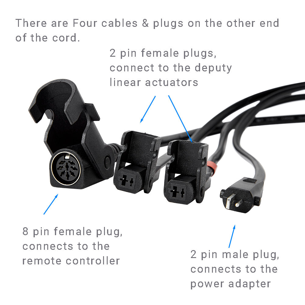 Four-Plug Linear Actuator Motor Cable (2-Pin Male + 8-Pin + Two 2-Pin Female)