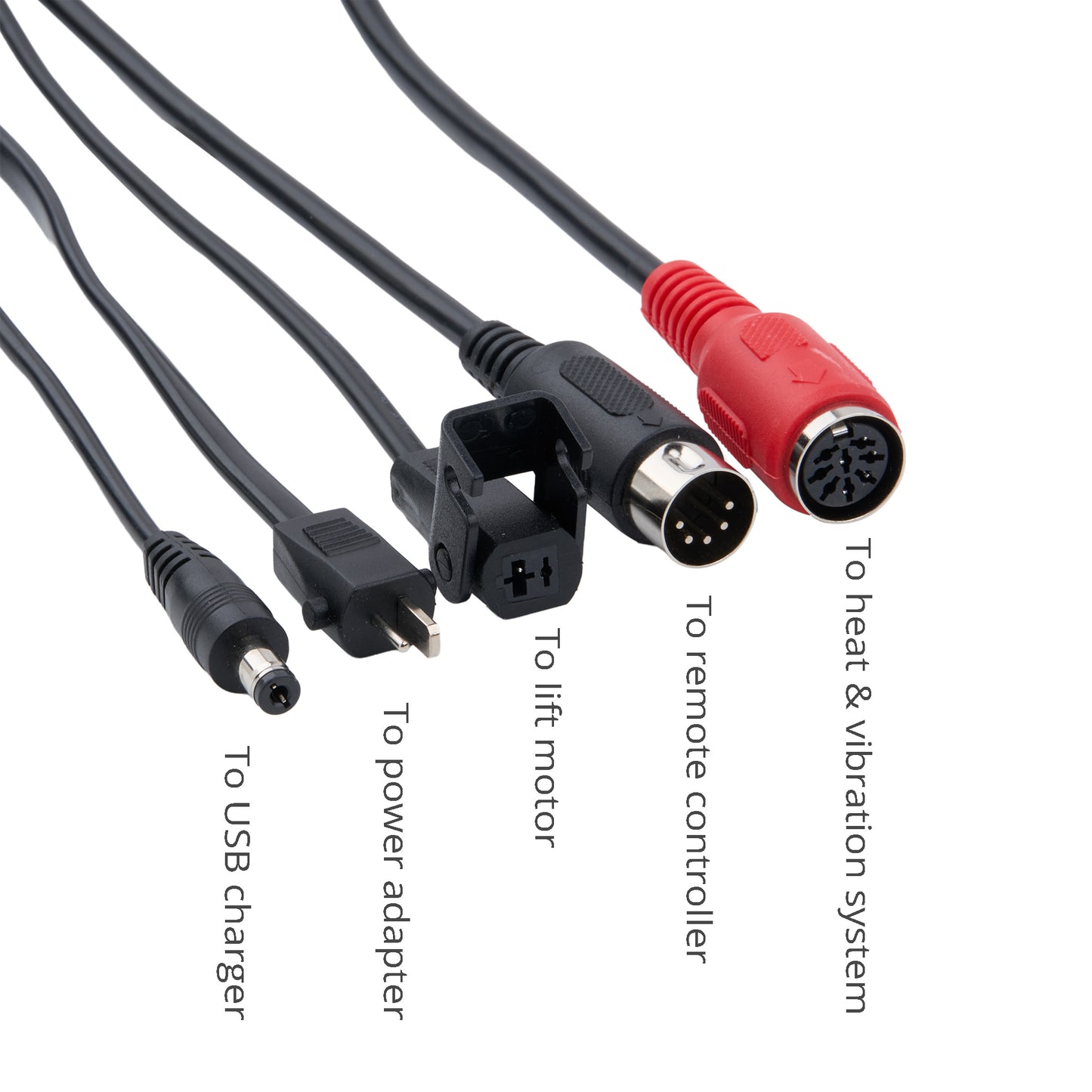 Black multi-pin cable with labeled connectors for USB charger, power adapter, lift motor, remote controller, and heat & vibration system, shown on a white background.