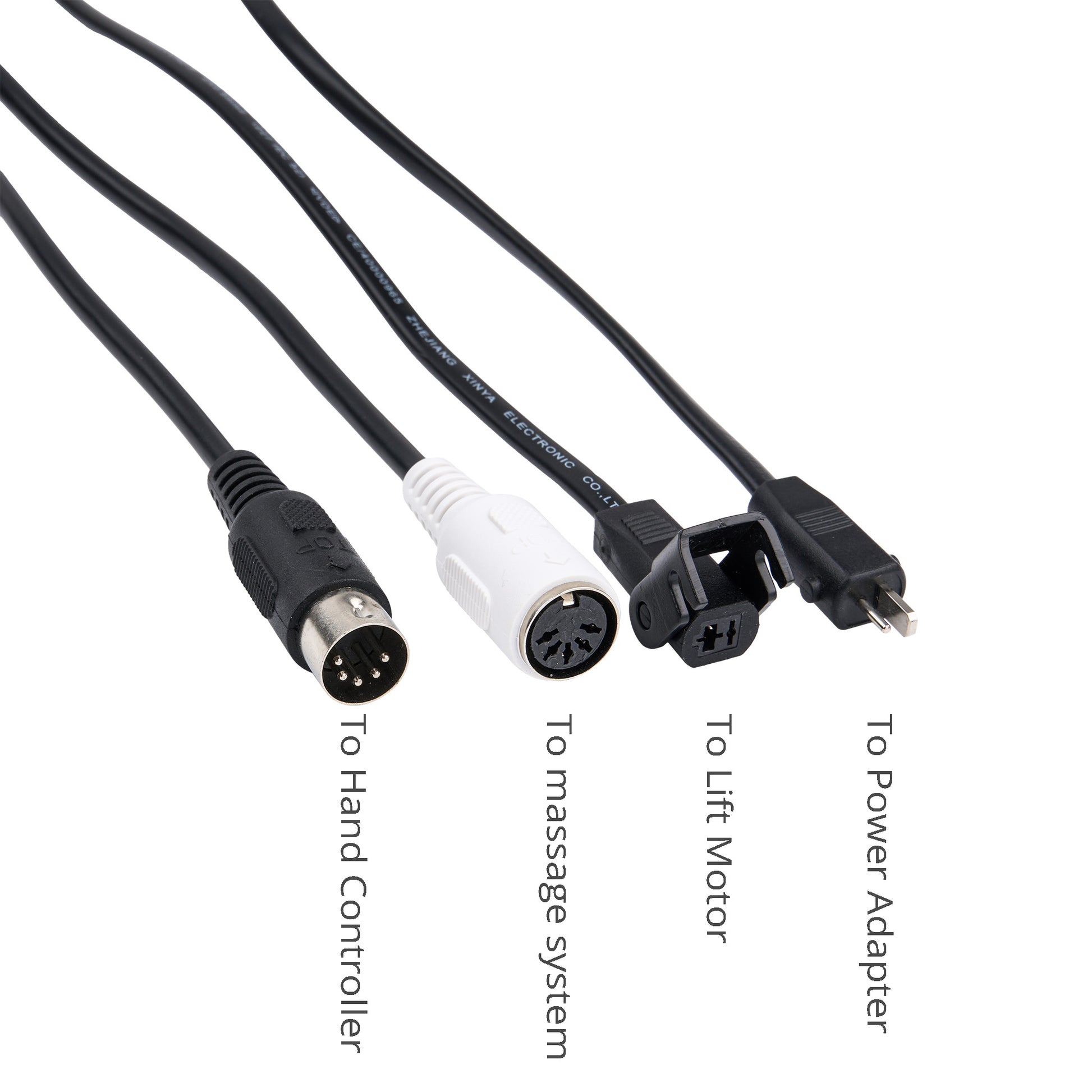 Black multi-pin cable adapter with four connectors labeled 'To Hand Controller', 'To massage system', 'To Lift Motor', and 'To Power Adapter' on a white background.