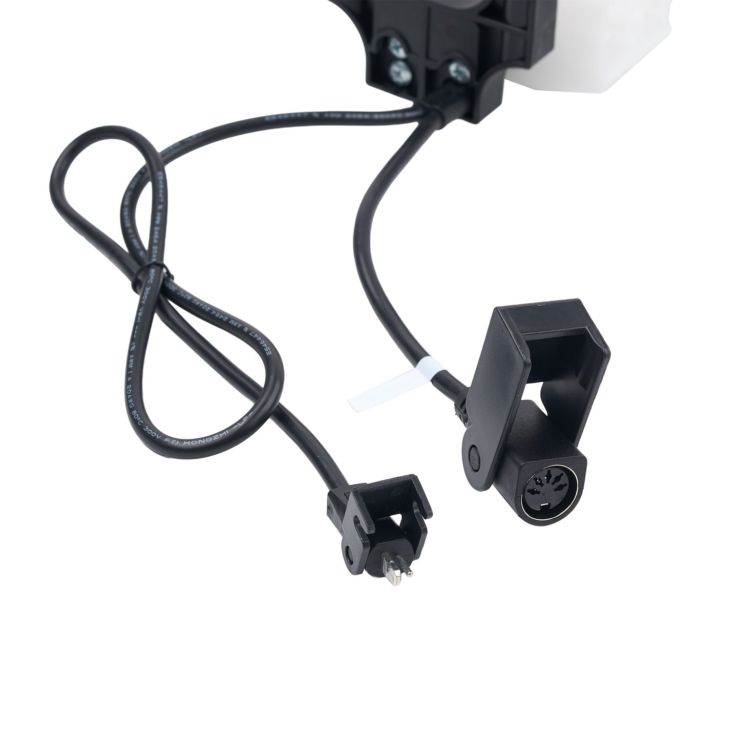 Black electrical adapter cable with a multi-pin connector and a clamp-style plug, shown on a plain white background.
