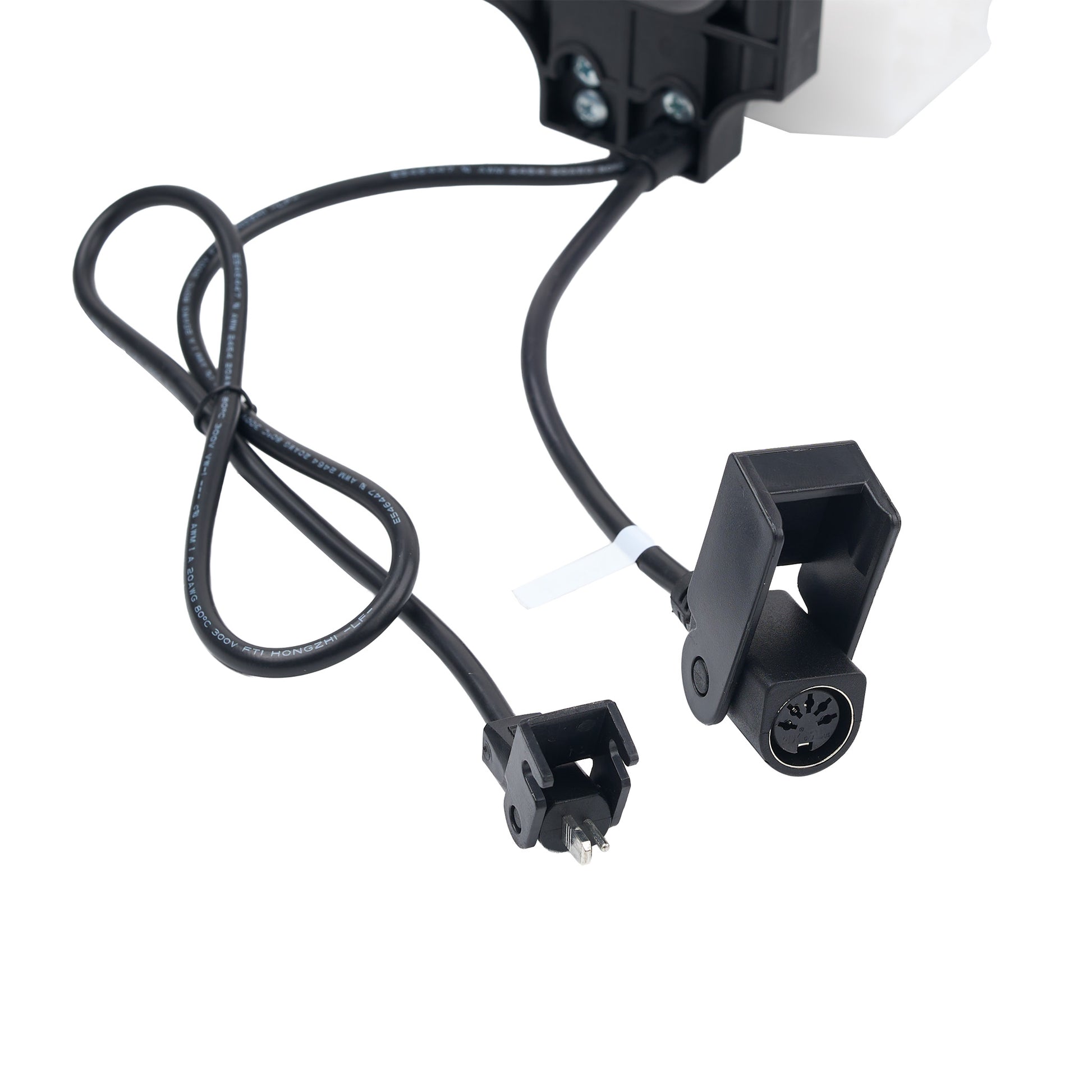 Black electrical adapter cable with a multi-pin connector and a clamp-style plug, shown on a plain white background.