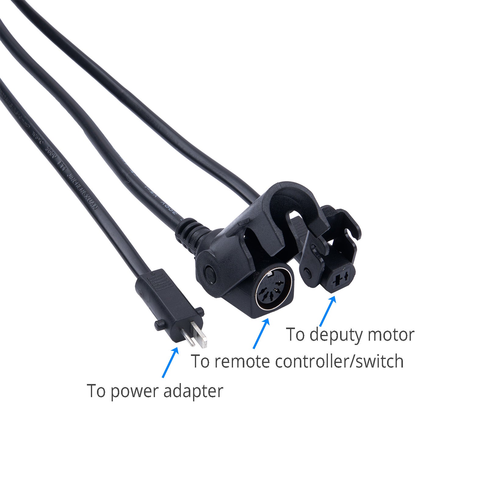 Black electrical cable with connectors labeled for power adapter, remote controller, and deputy motor on a white background.