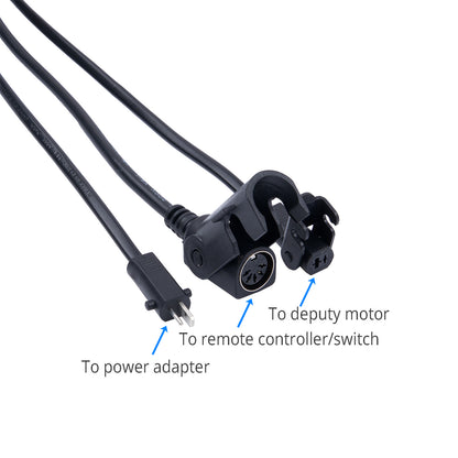 Black electrical cable with connectors labeled for power adapter, remote controller, and deputy motor on a white background.