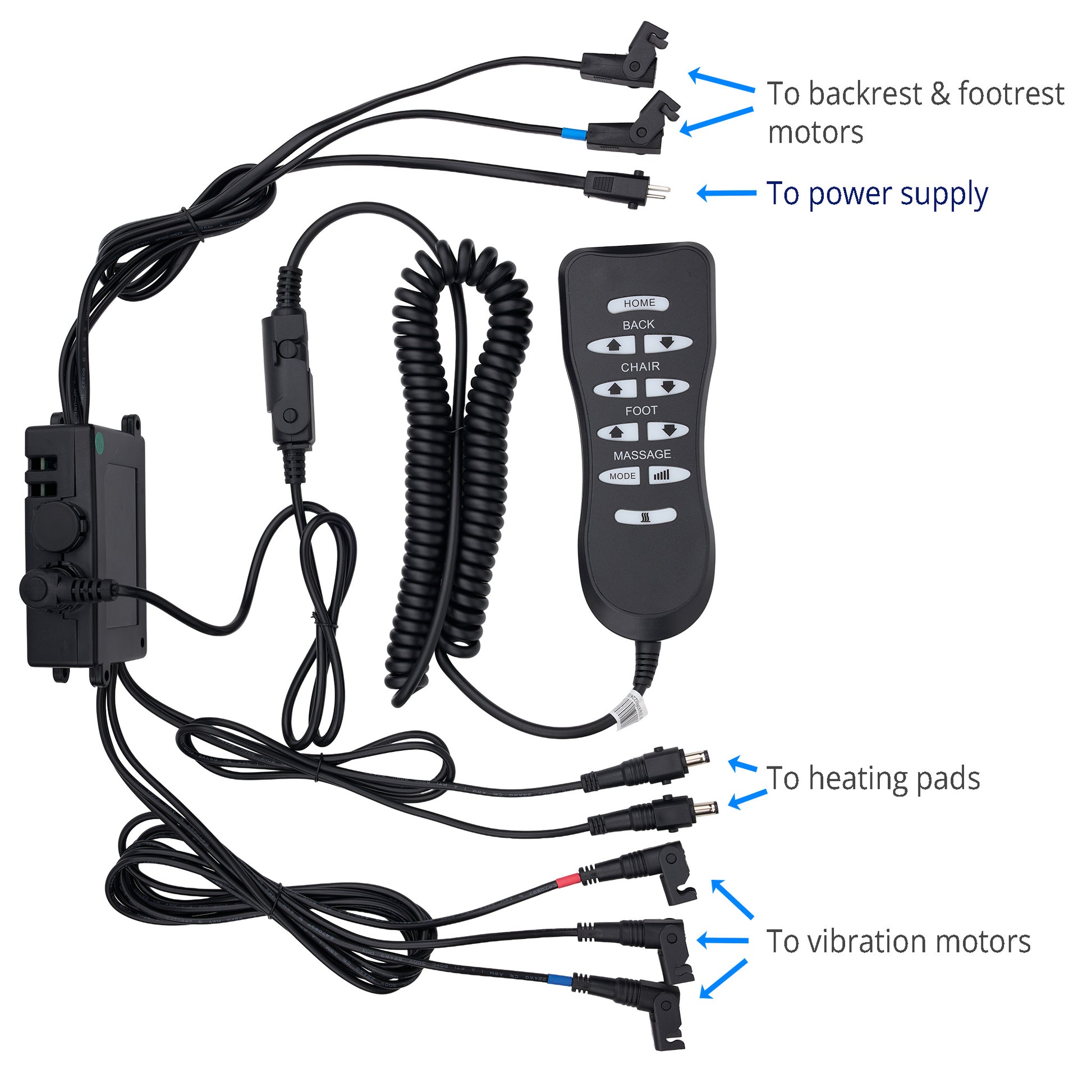 Black remote control chair adjustment box with coiled cord, power adapter, and multiple plug connectors, shown with bullet points and a note explaining troubleshooting and replacement parts.