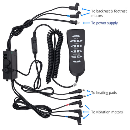 Black remote control chair adjustment box with coiled cord, power adapter, and multiple plug connectors, shown with bullet points and a note explaining troubleshooting and replacement parts.